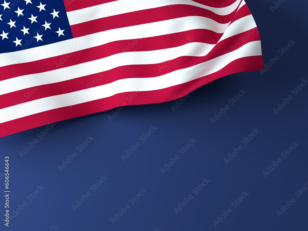 Fototapeta premium American waving flag for USA Independence Day, Memorial, Labour Day. Blue background. Copy space.