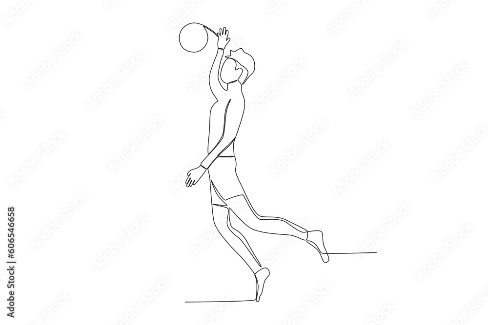 A boy having fun playing volleyball. Beach volleyball one-line drawing A boy having fun playing volleyball. Beach volleyball one-line drawing