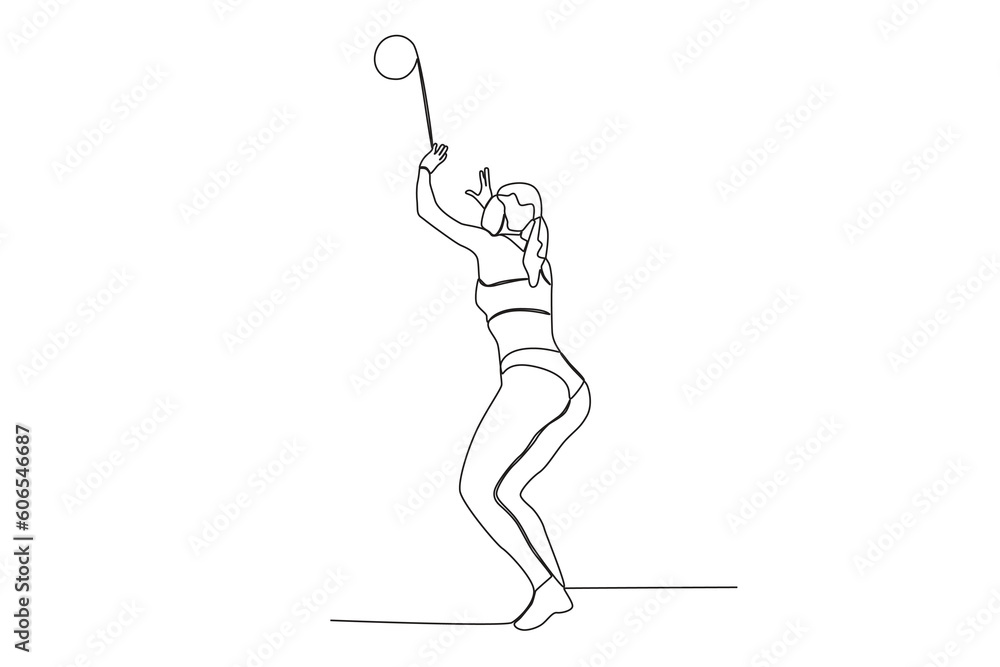 A woman ready to jump to catch the ball. Beach volleyball one-line drawing A woman ready to jump to catch the ball. Beach volleyball one-line drawing