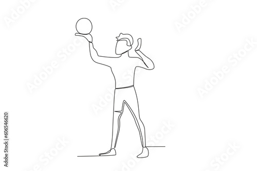 A boy playing volleyball on the beach. Beach volleyball one-line drawing