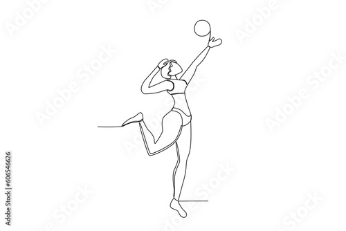 A woman playing volleyball. Beach volleyball one-line drawing © stlineart
