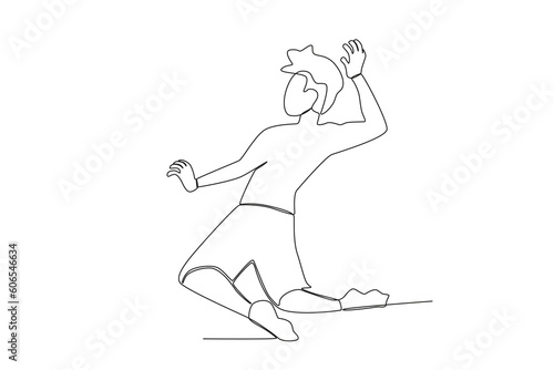 A man jumps to receive a volleyball. Beach volleyball one-line drawing