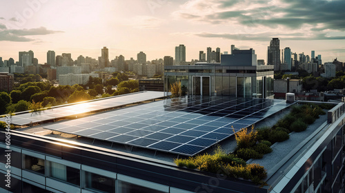 Illustration of a photovoltaic elements integrated an a roof of a building in an north american city, sustainable green engergy, ai-generatet