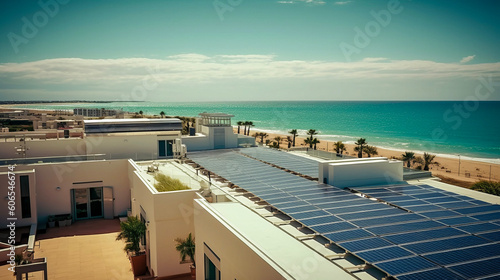 Illustration of a photovoltaic elements integrated an a roof of a building at a dream beach in the south, sustainable green engergy, ai-generatet