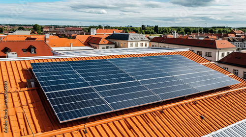 Illustration of a photovoltaic elements integrated an a roof of a building in an european city, sustainable green engergy, ai-generatet photo