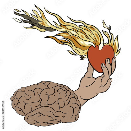 Human hand emerging from brain and holding burning heart. Creative concept of love and emotion versus mental control. Isolated vector illustration.