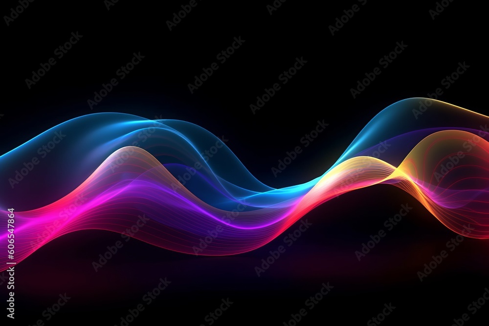 Dynamic 3D Render of Iridescent Neon Curved Wave in Motion on Black Background - Perfect for Banners, Wallpapers, and Covers, Generative AI. Dynamic 3D Render of Iridescent Neon Curved Wave in Motion on Black Background - Perfect for Banners, Wallpapers, and Covers, Generative AI.