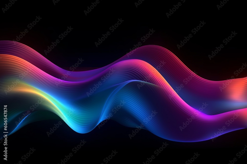 Dynamic 3D Render of Iridescent Neon Curved Wave in Motion on Black Background - Perfect for Banners, Wallpapers, and Covers, Generative AI. Dynamic 3D Render of Iridescent Neon Curved Wave in Motion on Black Background - Perfect for Banners, Wallpapers, and Covers, Generative AI.