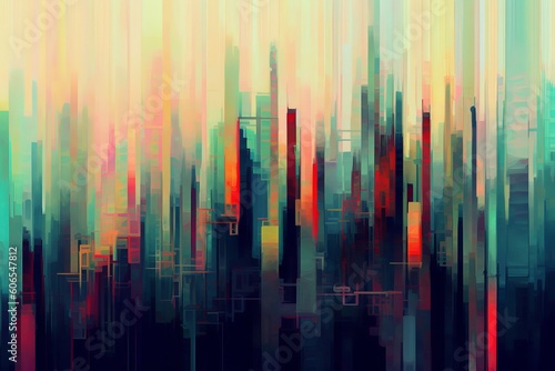 Vibrant Cityscape in Abstract Digital Glitch Art  Generative AI.