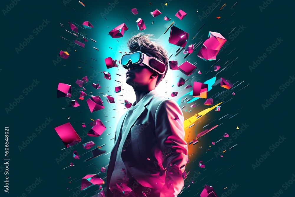 Futuristic Collage Design of AI Metaverse with Virtual Reality Headset and Smart Glasses Technology, Featuring Abstract Shapes and Floating Man, Generative AI. Futuristic Collage Design of AI Metaverse with Virtual Reality Headset and Smart Glasses Technology, Featuring Abstract Shapes and Floating Man, Generative AI.