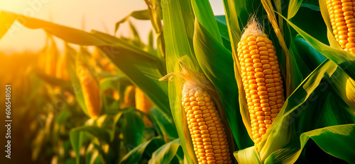Corn cobs in corn plantation field. Generative AI photo