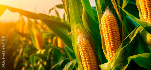 Corn cobs in corn plantation field. Generative AI