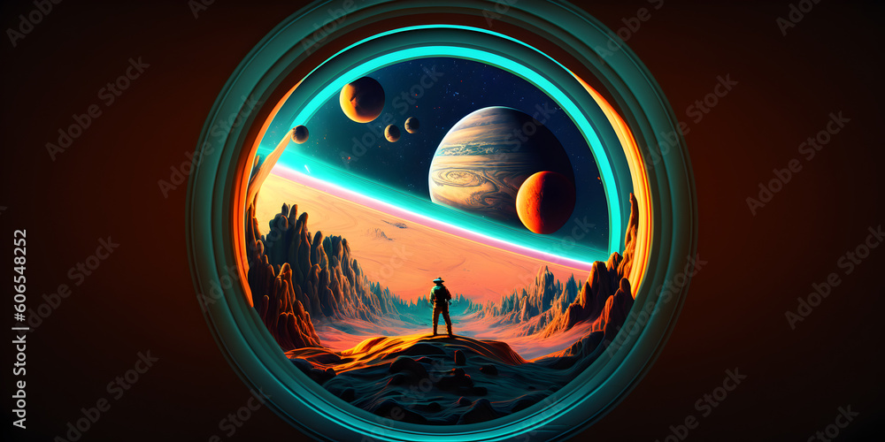 Astronaut at the open space, geometrical circle, view from the porthole, space, planets, rocks, another worlds, another life, science, AI generative
