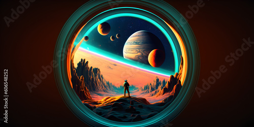 Astronaut at the open space, geometrical circle, view from the porthole, space, planets, rocks, another worlds, another life, science, AI generative 