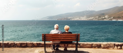 Title: Loving the elderly couple sitting on a benchl facing the sea. Generative AI