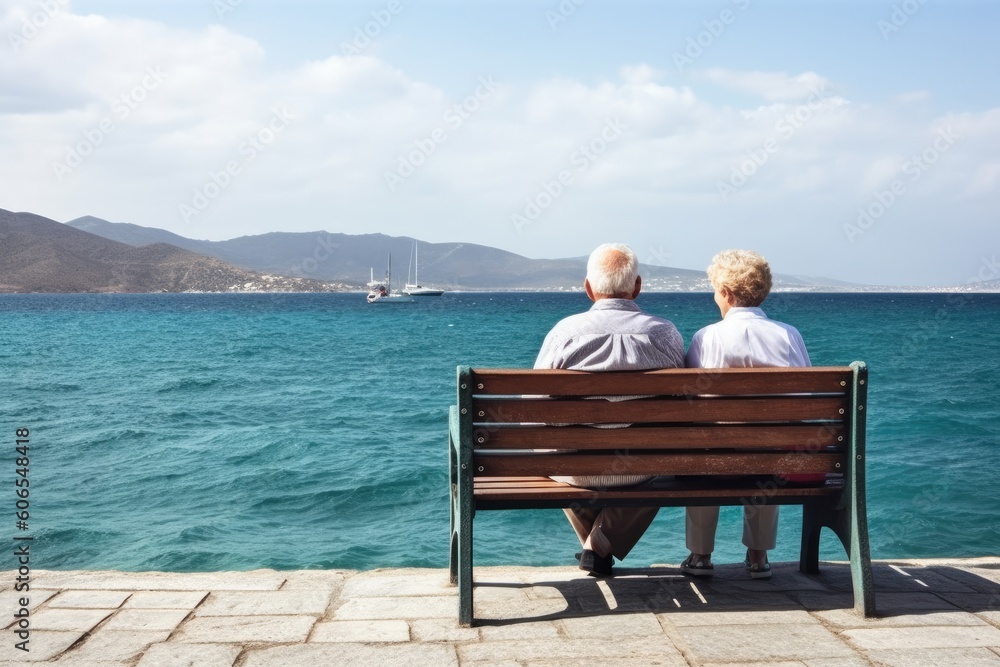 Title: Loving the elderly couple sitting on a benchl facing the sea.  Generative AI