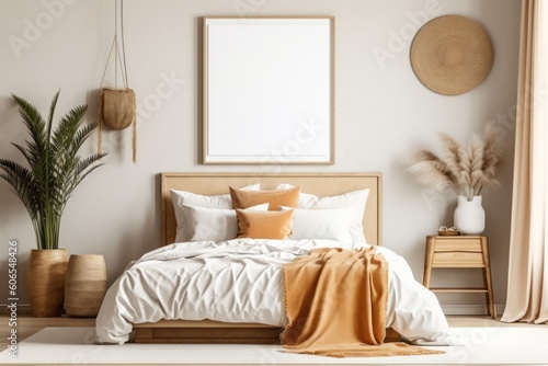 Boho Serenity  Blank Wooden Frame Accentuating a Cozy Bedroom Retreat