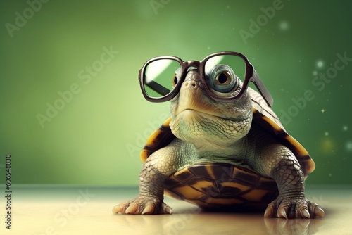Adorable Green Turtle Sporting Glasses Poses Against Studio Backdrop, Generative AI.