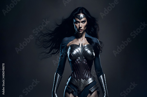 Beautiful brunette woman wearing superhero costume. Powerful amazon warrior princess
