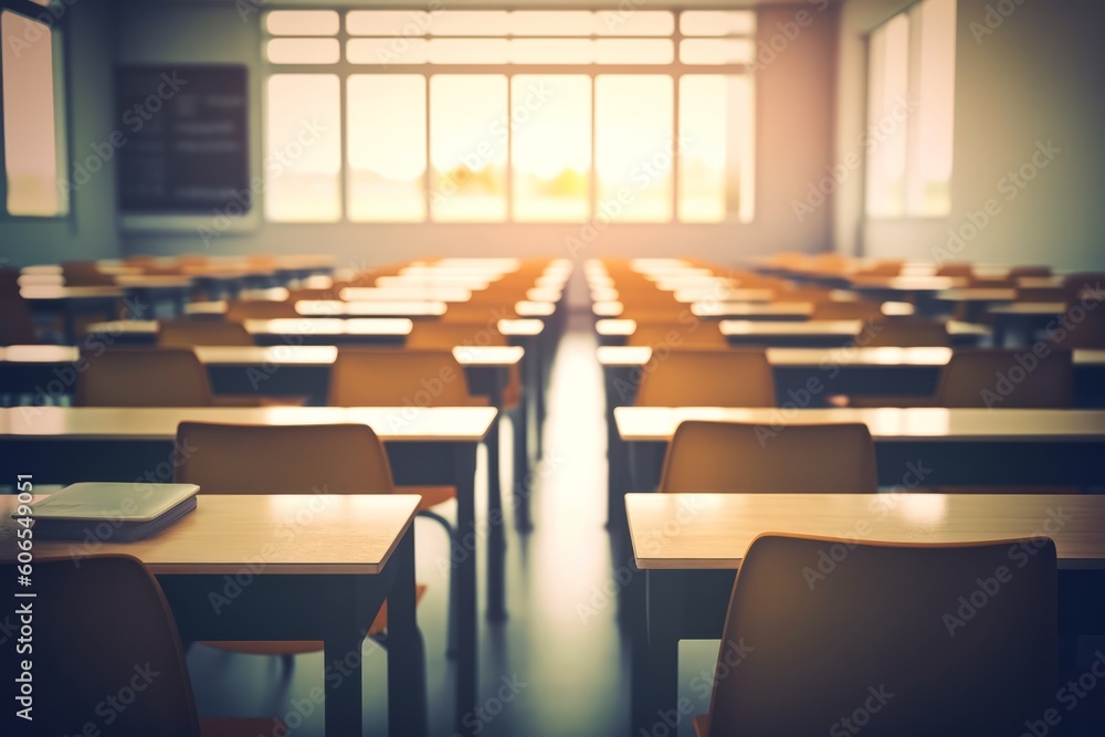 custom made wallpaper toronto digitalDeserted Conference and Classroom Spaces: Blurred Business and School Environments with Vacant Tables and Chairs, Generative AI.