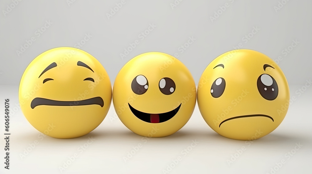 three yellow emoticons with different emotions on white background three yellow emoticons with different emotions on white background
