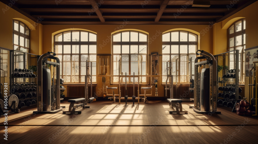 Stylish gym background, gym with exercise equipment without people, sunrise or sunset in the gym ai generative Stylish gym background, gym with exercise equipment without people, sunrise or sunset in the gym ai generative