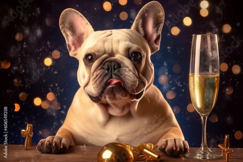 New Year's Eve Celebration: French Bulldog Toasts with Champagne, Generative AI. © ParinApril