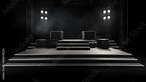 Stage with lighting and spotlights in the dark.