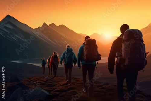 Hiker Sport Enthusiasts Trekking through Mountains at Sunset with Backpacks - Concept Banner with Ample Copy Space  Generative AI.