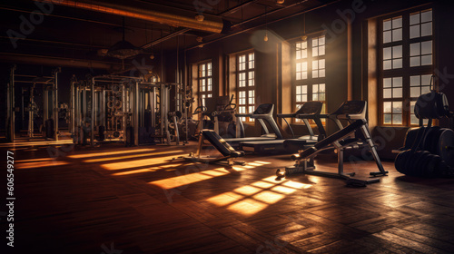 Stylish gym background  gym with exercise equipment without people  sunrise or sunset in the gym ai generative
