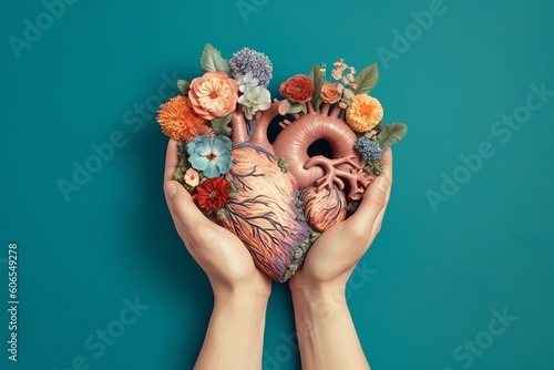 Symbolic Gesture of Love and Kindness: A Human Heart Held Tenderly with Flowers, Generative AI. photo