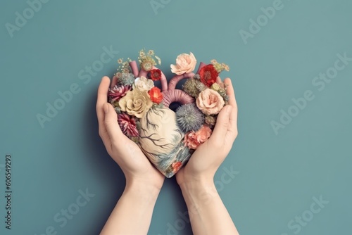 Symbolic Gesture of Love and Kindness: A Human Heart Held Tenderly with Flowers, Generative AI. photo