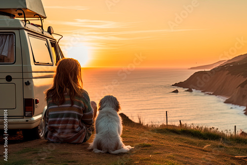 Girl is sitting on a hill with her dog and looking at the ocean sunset beside her camper. Generative AI © Александр Марченко
