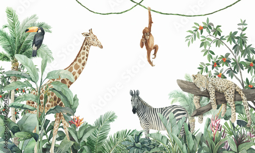Fototapeta jungle, tropical plants, animals, giraffe, zebra, leopard