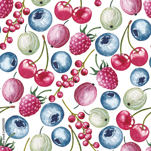 Seamless pattern of watercolor blueberries, cherries, currants and raspberries in summer. Hand drawn fresh watercolor berries for menu, postcard, textile, sticker, wallpaper, packaging, postcard.