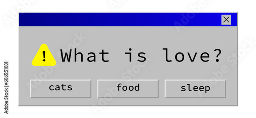 Vector illustration of retro pc element. Old computer aestethic. Nostalgia for 1990s -2000s.  Text: What is love?