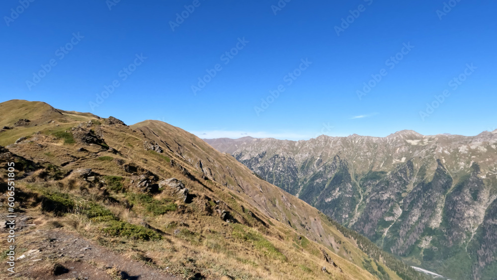 mountainscape, picture of Arkhyz mountains at autumn with blue sky - photo of nature