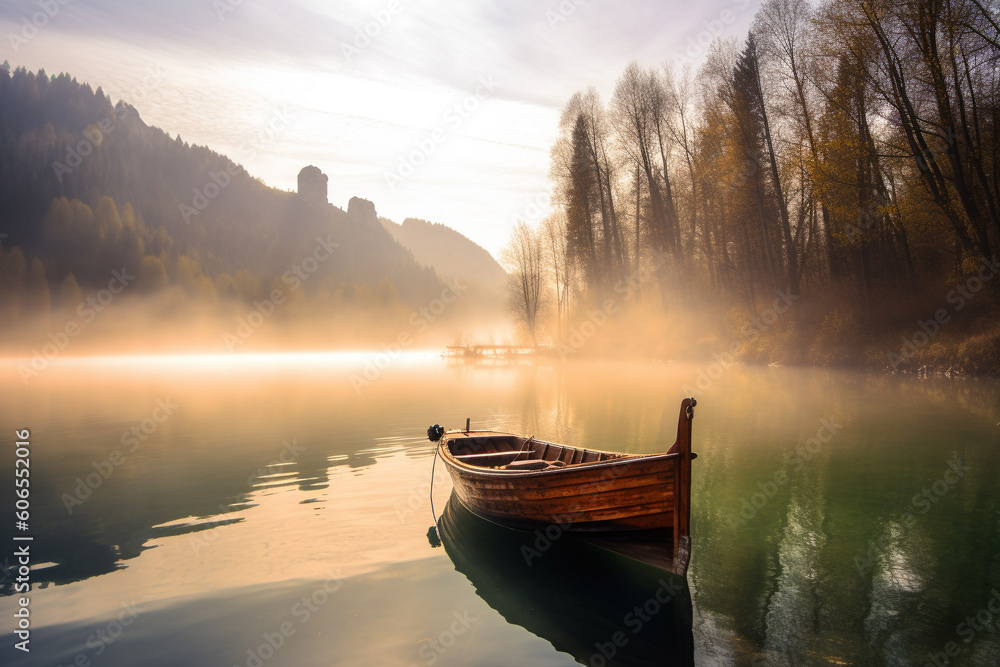 Wooden boat on scenic and peaceful lake. Outdoor leisure concept. Generative AI