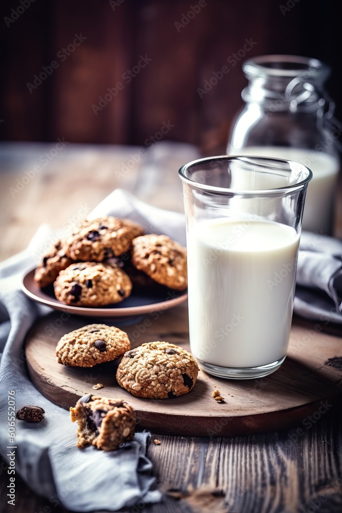 Healthy oat cookies with chocolate and bottle of milk on the concrete or stone table. Generative AI Healthy oat cookies with chocolate and bottle of milk on the concrete or stone table. Generative AI