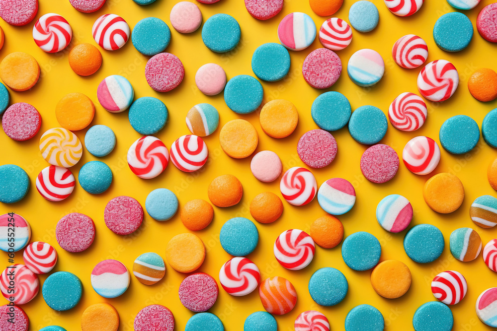 different candy over a yellow studio background with vibrant colors