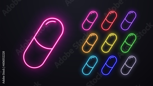 A set of neon antibiotic pills in different colors. Icons for medicine.