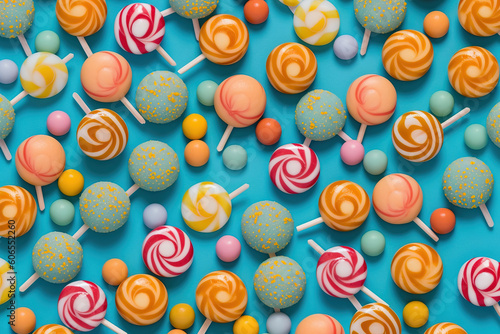 different candy over a sky blue studio background with vibrant colors   lollipop
