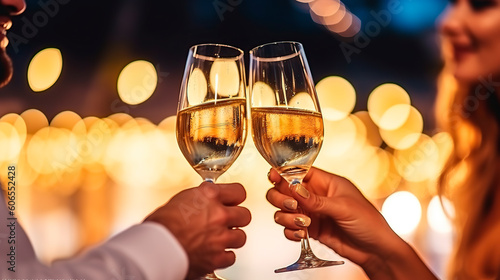 Man and woman toasting champagne flutes under light bulb outdoor. Closeup of boyfriend and girlfriend hands toasting glasses of white wine to celebrate their anniversary. Detail of part. Generative AI