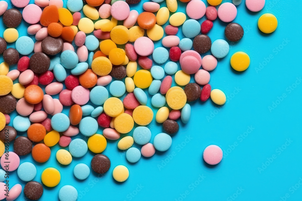 different candy lay flat over a blue studio background with vibrant colors different candy lay flat over a blue studio background with vibrant colors