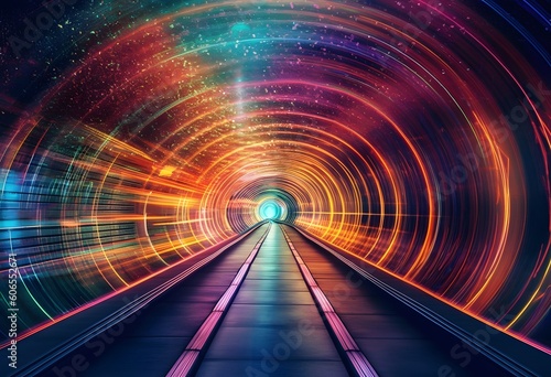 Illustration of neon rainbow tunnel. Level design. Retro wave. Retrofuturism sci-fi game scene. Warp tube. Generative ai.