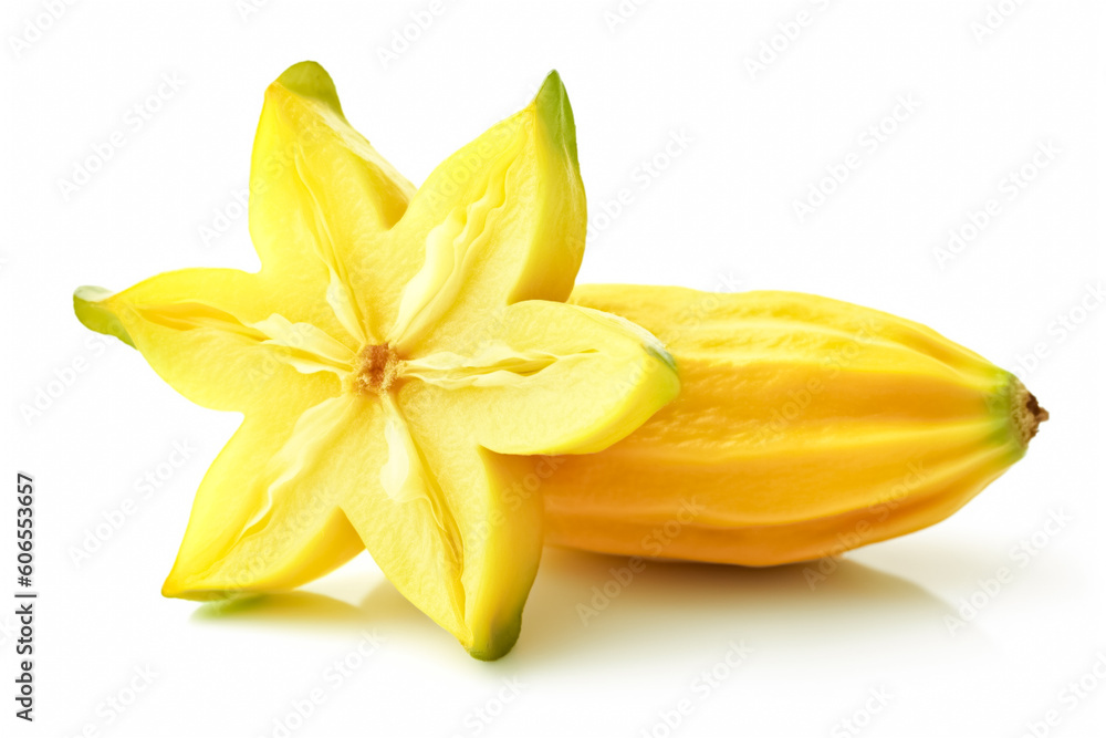 Starfruit, carambola with green leaves isolated on white background. Starfruit, carambola with green leaves isolated on white background.