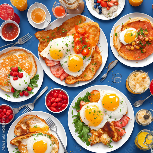 delicious lunch, big dinner, healthy brunch, a table topped with plates of food and cups of coffee and sauces on it, with eggs on pita bread, food photography, breakfast, meat, toast, sandwich, bacon