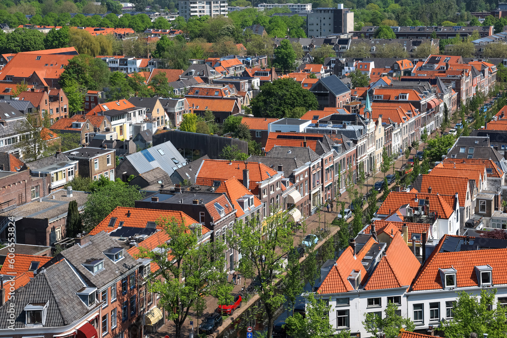 Aerial view of typical colorful Dutch style homes in Delft city centrum, Netherlands.