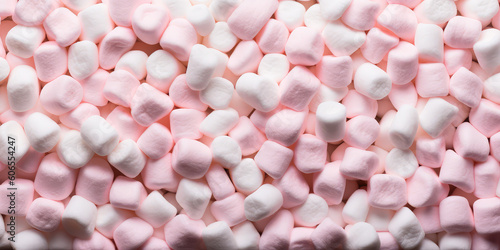 Top view of a pile of puffy marshmallows for frying on the campfire. A wallpaper of sweet marshmellow in white and pink colors. Template for candy shop. Generative AI professional photo imitation.