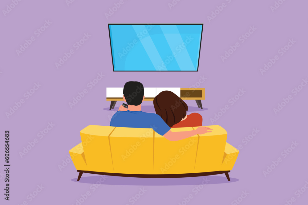 Φωτογραφία Graphic flat design drawing happy family sitting on sofa and watch tv in cozy living room at evening